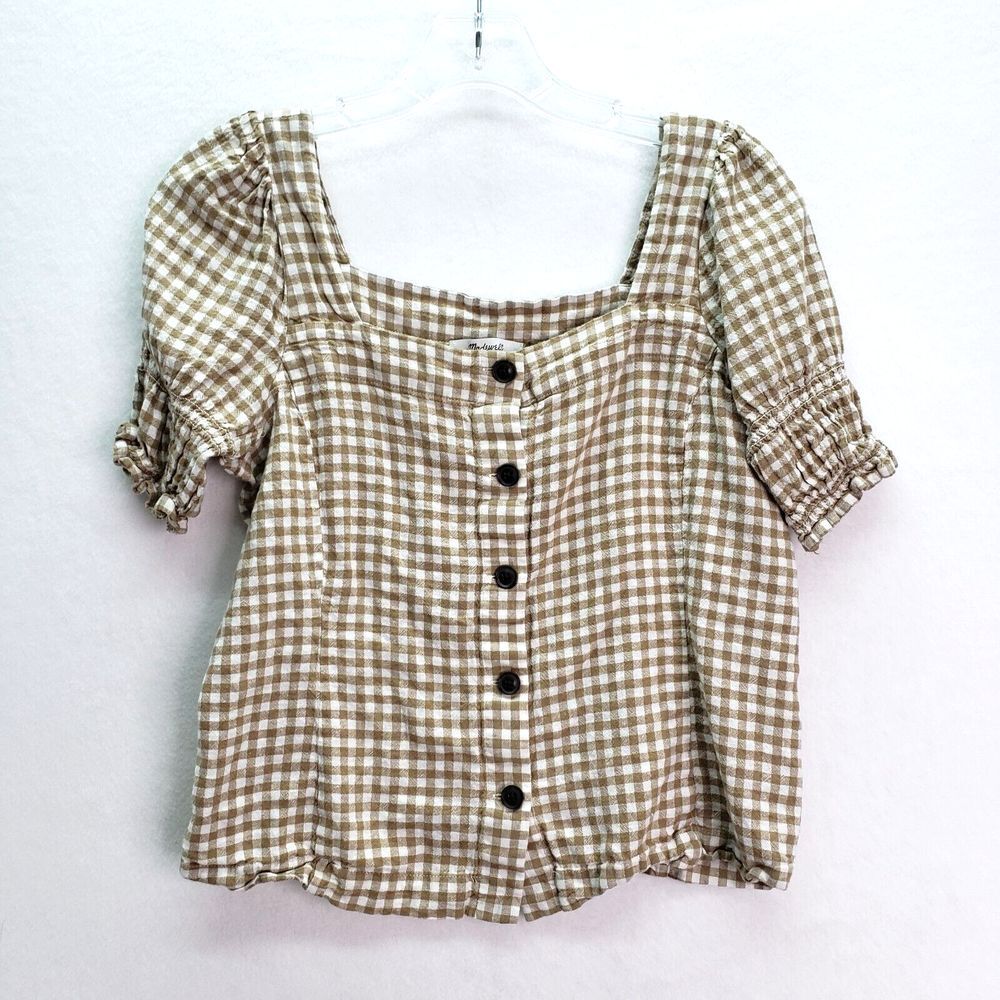 Madewell Top Women's S Brown Gingham Linen Blend Square Neck Puff Sleeve Blouse